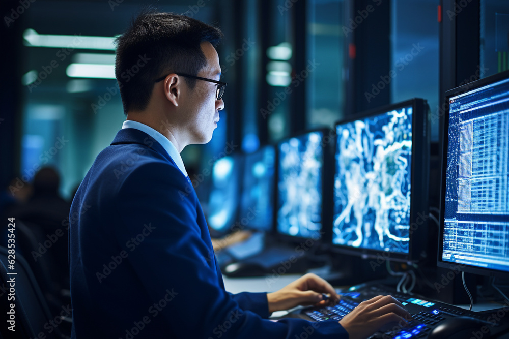 A man in a suit working on a computer screen.