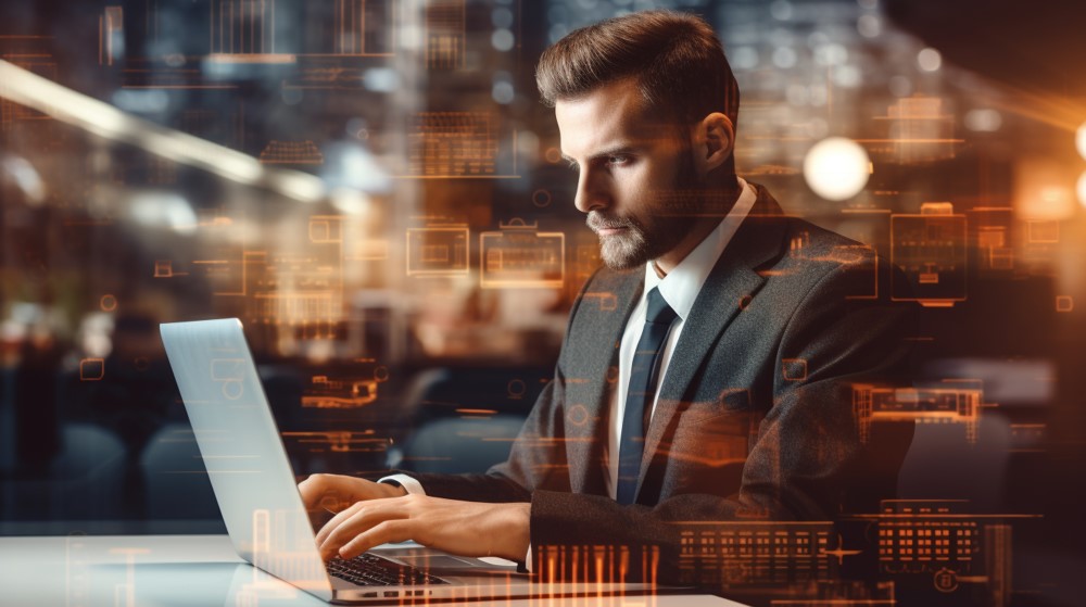 a man suit typing on a laptop