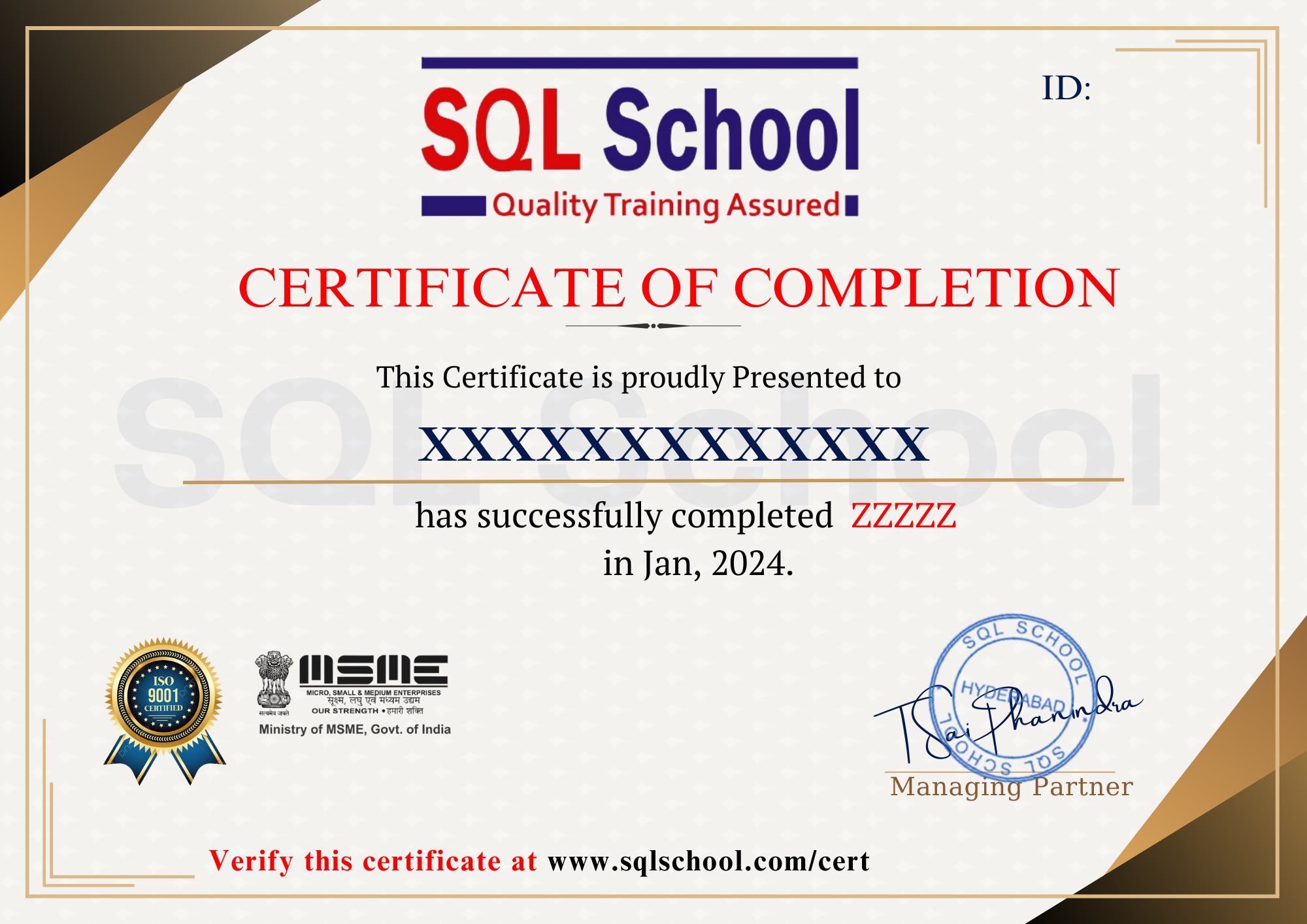 "SQL certification course completion certificate with participant's name, issued by SQL School