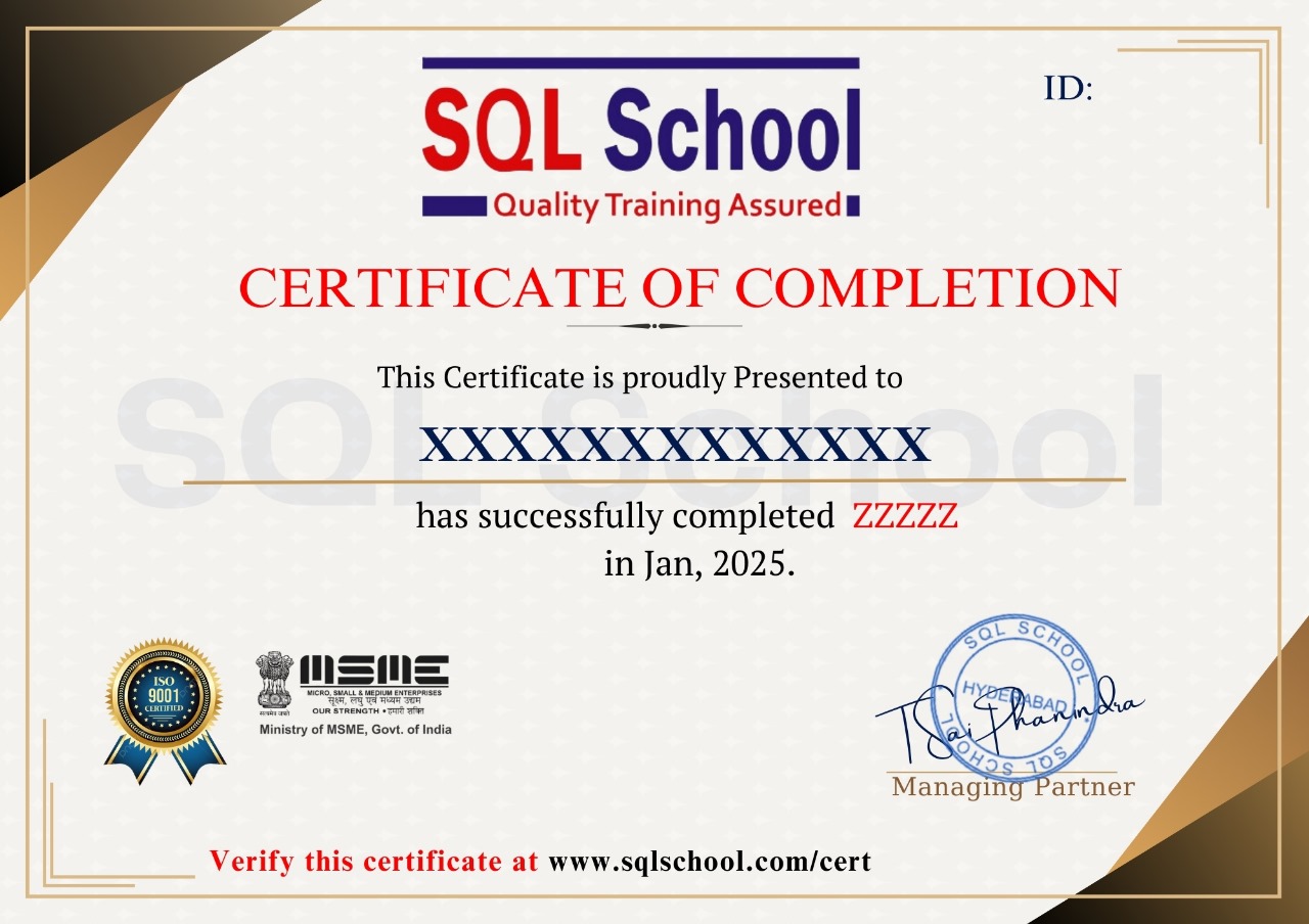 Certificate of completion for SQL school program.