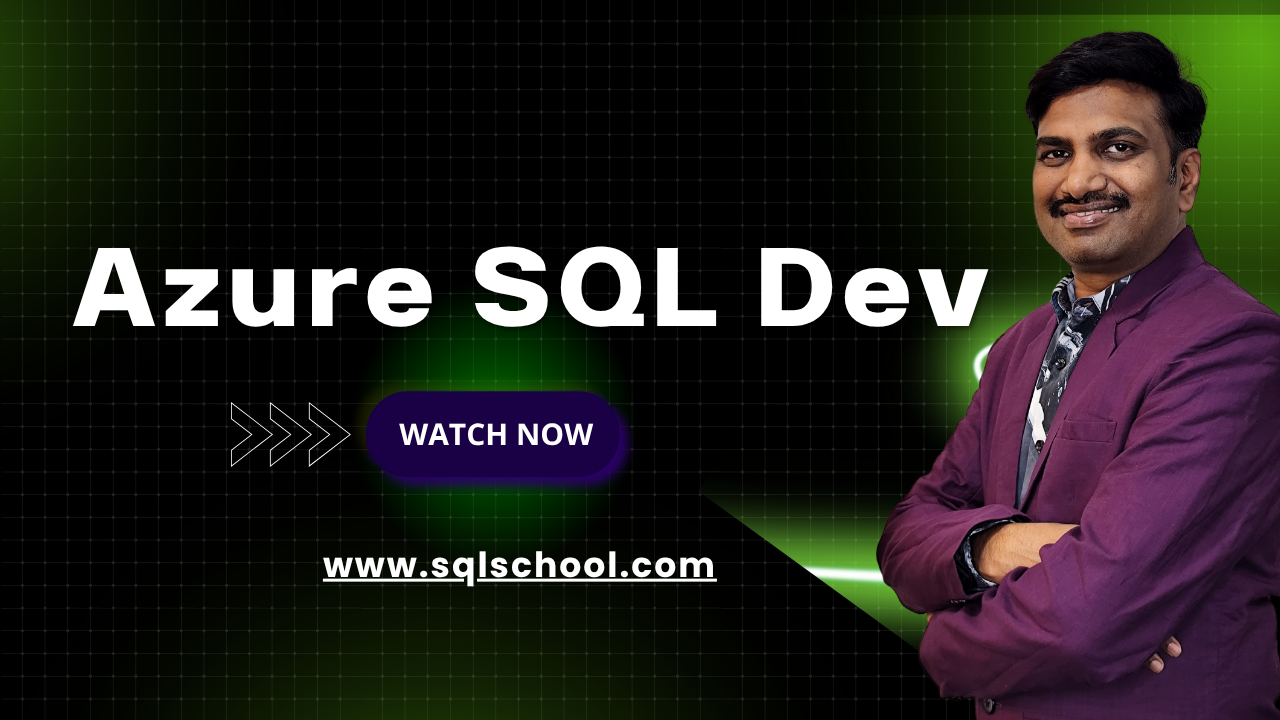 Trainer promoting Azure SQL Developer course with watch now call-to-action and SQL School website link