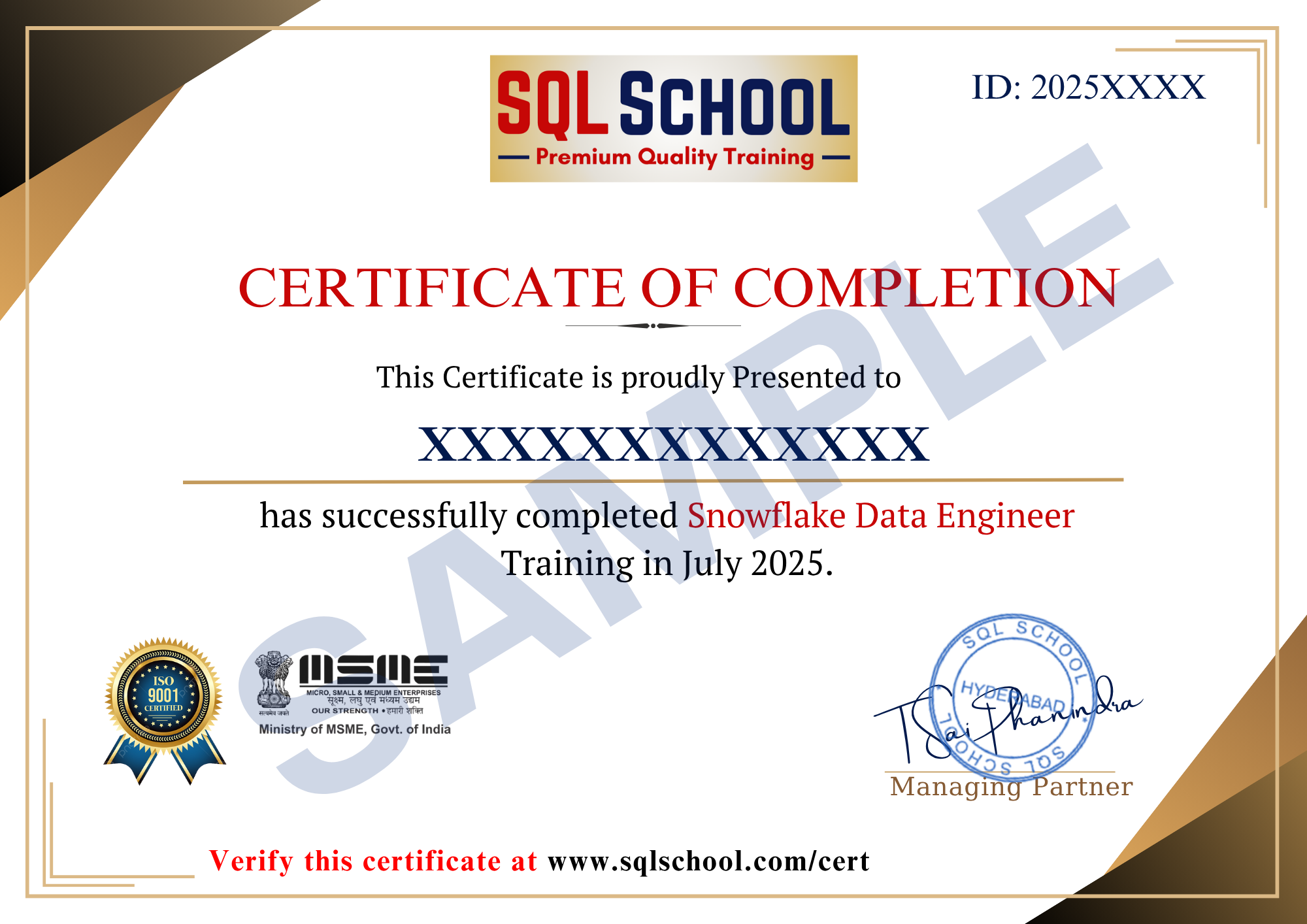 SQL School Sample Certificate
