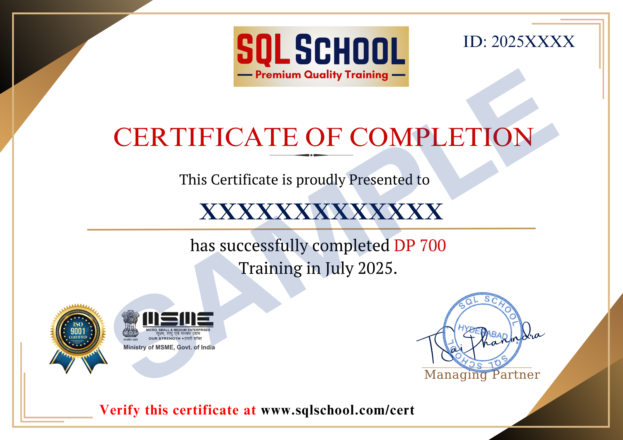 SQL School Sample Certificate