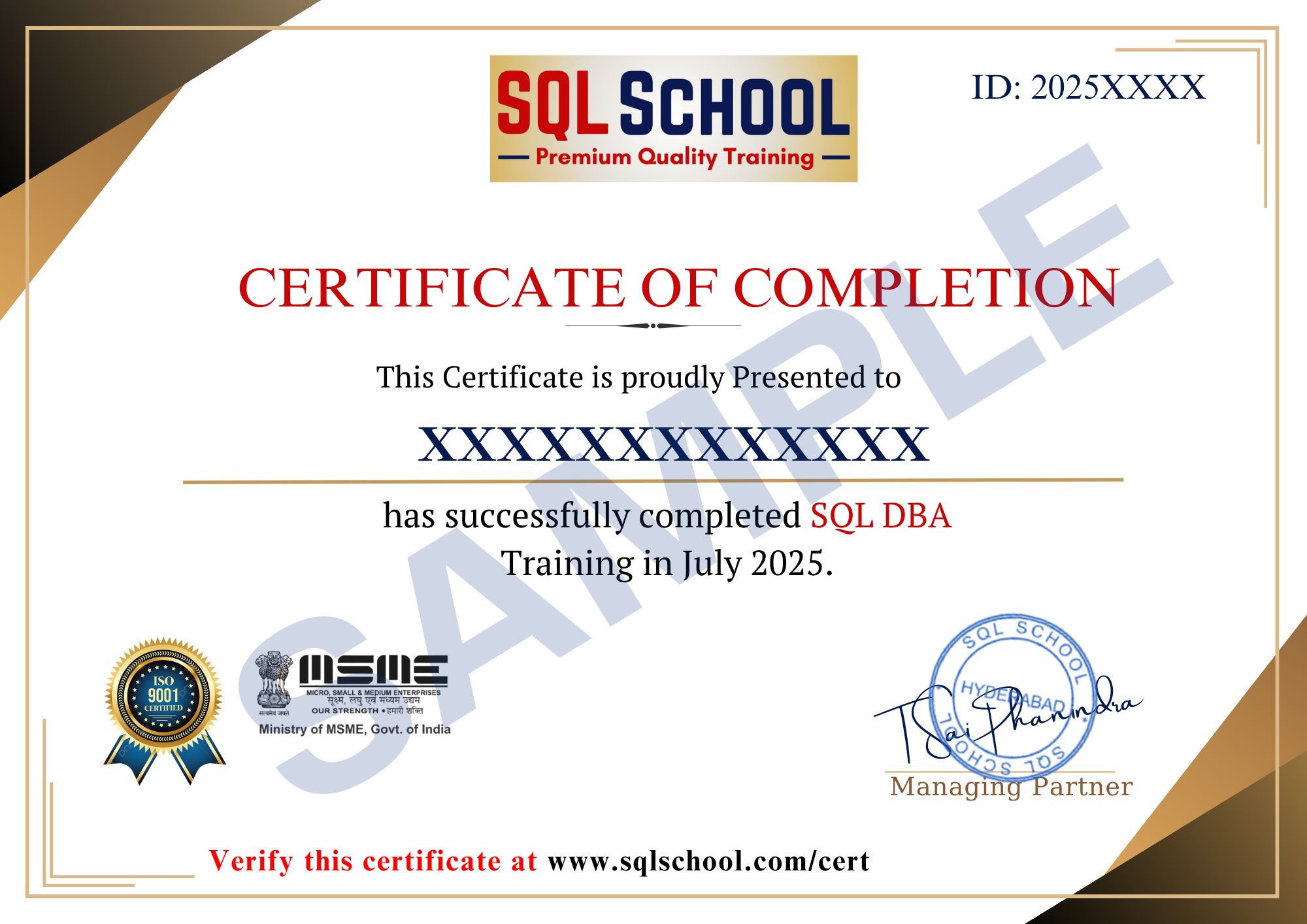 SQL School Sample Certificate