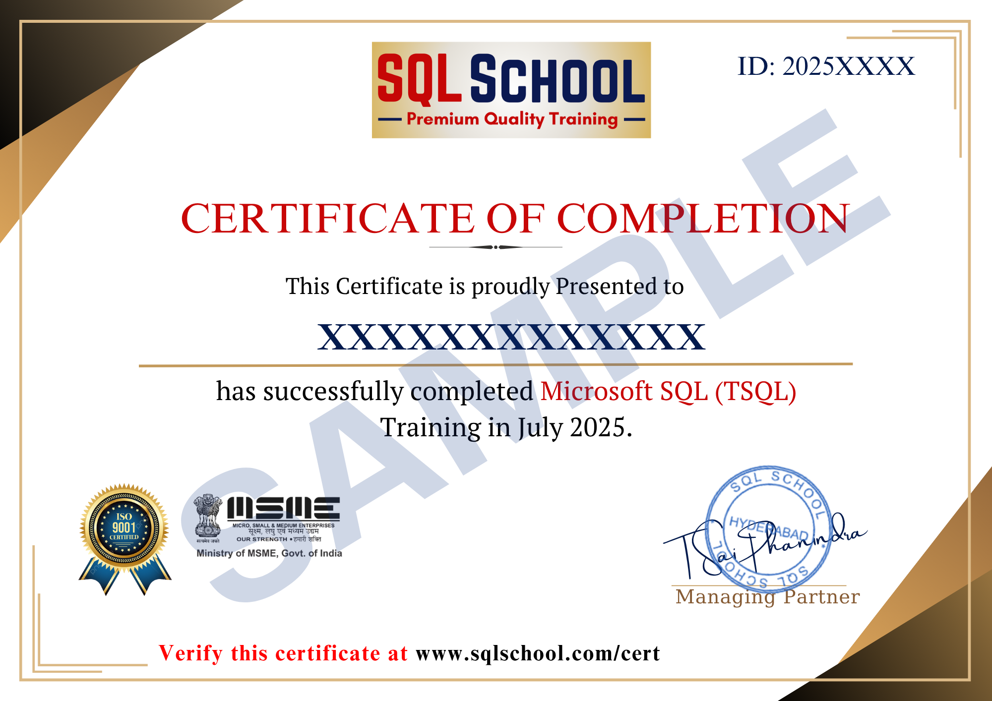 SQL School Sample Certificate