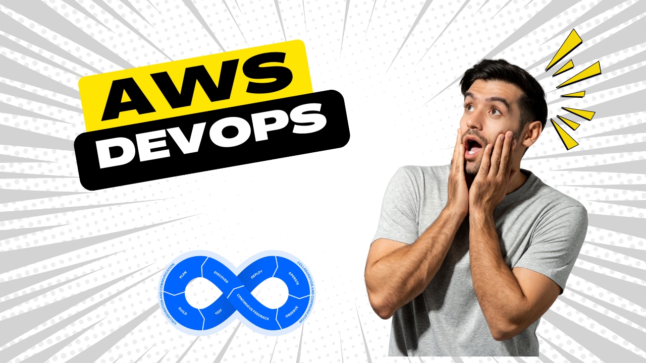 Surprised man reacting to bold text “AWS DevOps” with an infinity-shaped DevOps lifecycle diagram representing continuous integration and deployment.