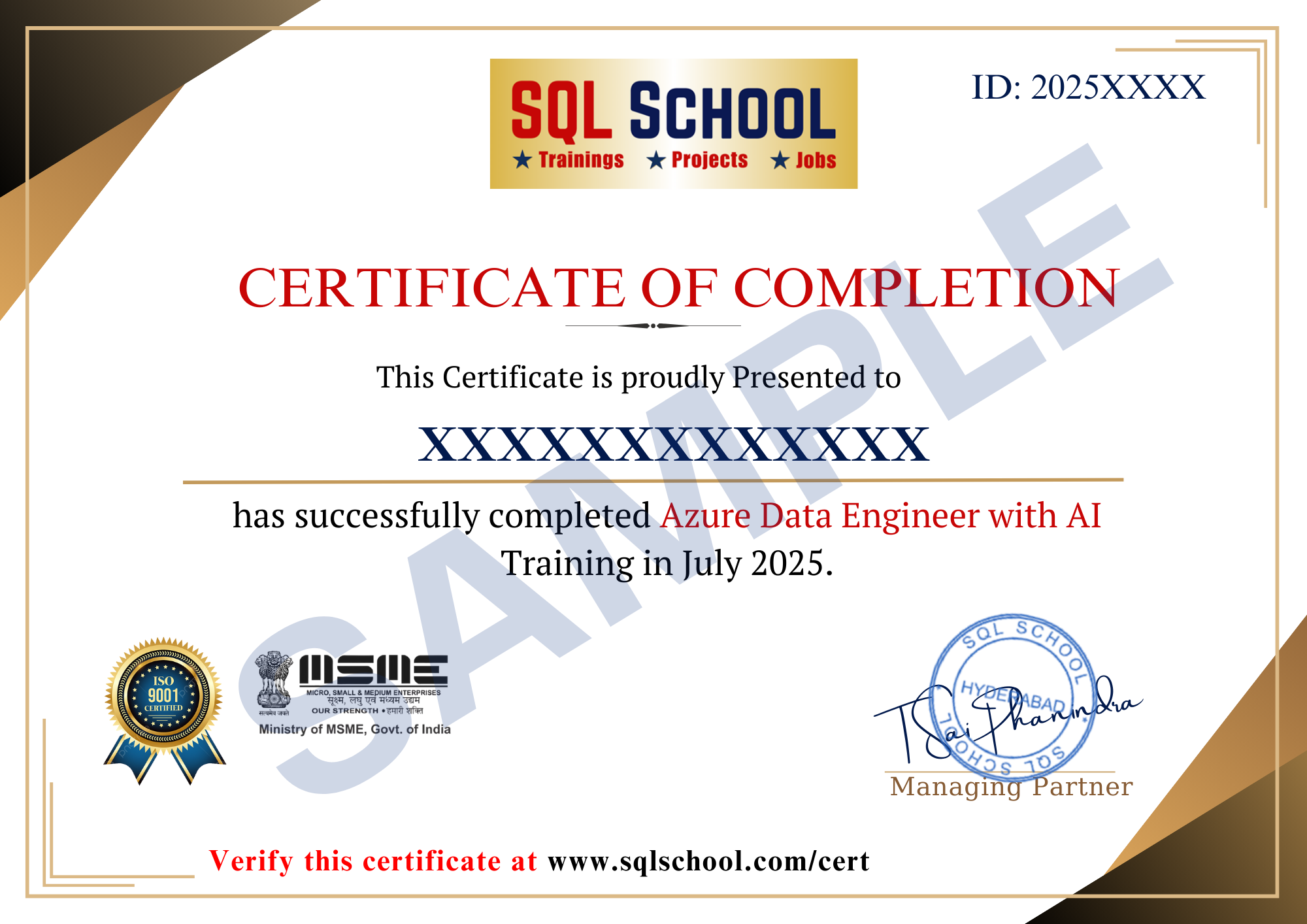 SQL School Sample Certificate