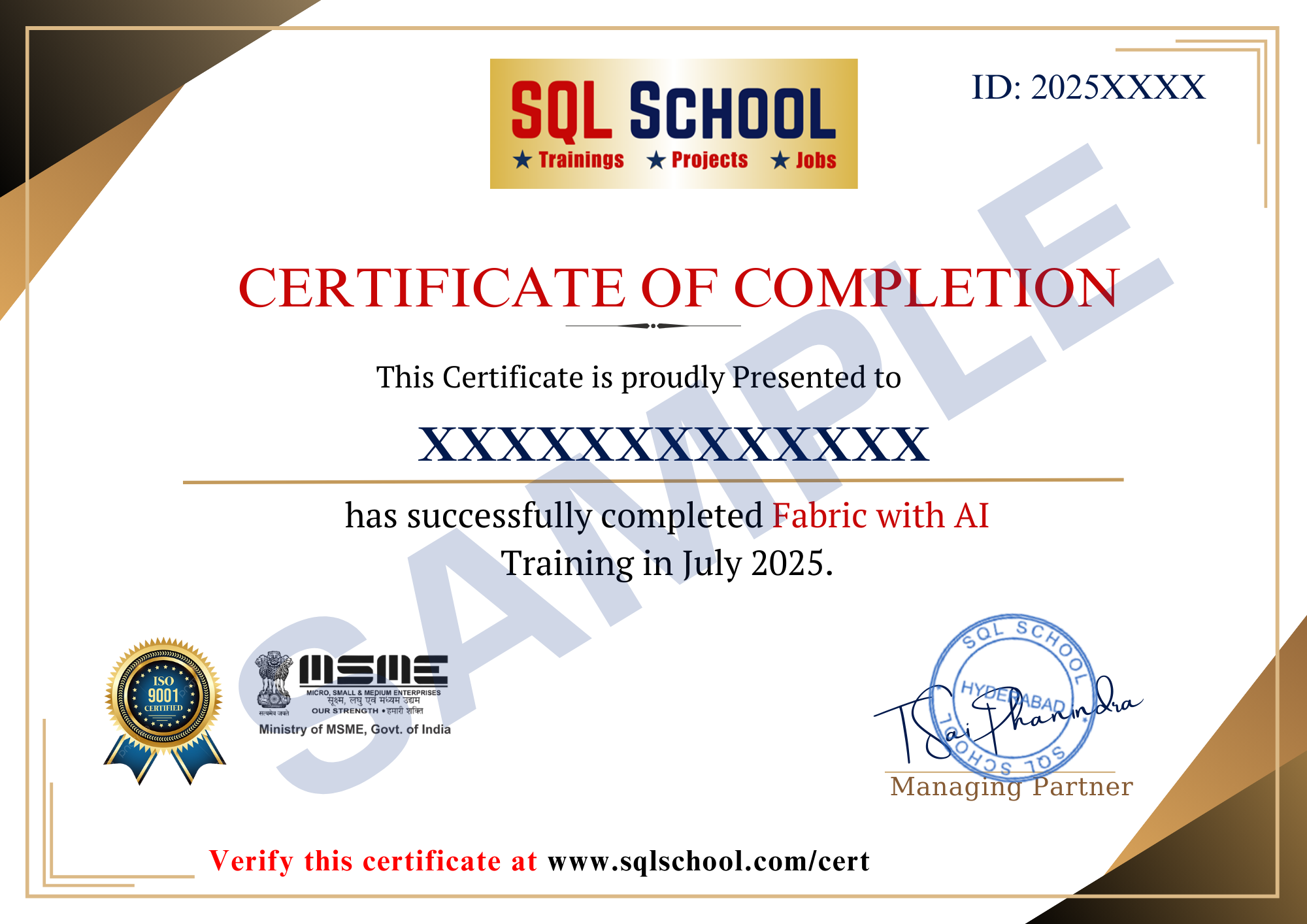 SQL School Sample Certificate
