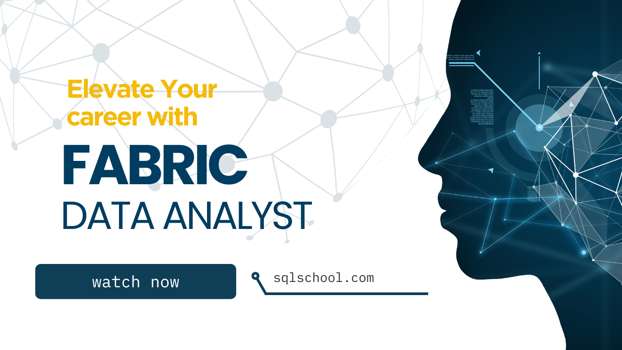 Fabric Data Analyst course poster featuring a digital human profile with data network lines, text promoting Microsoft Fabric Data Analyst, and a “Watch Now” call-to-action button.