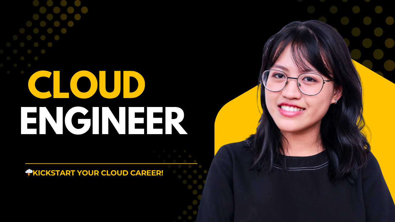 Smiling professional woman beside bold text “Cloud Engineer – Start Your Cloud Career!” on a modern black and yellow background.