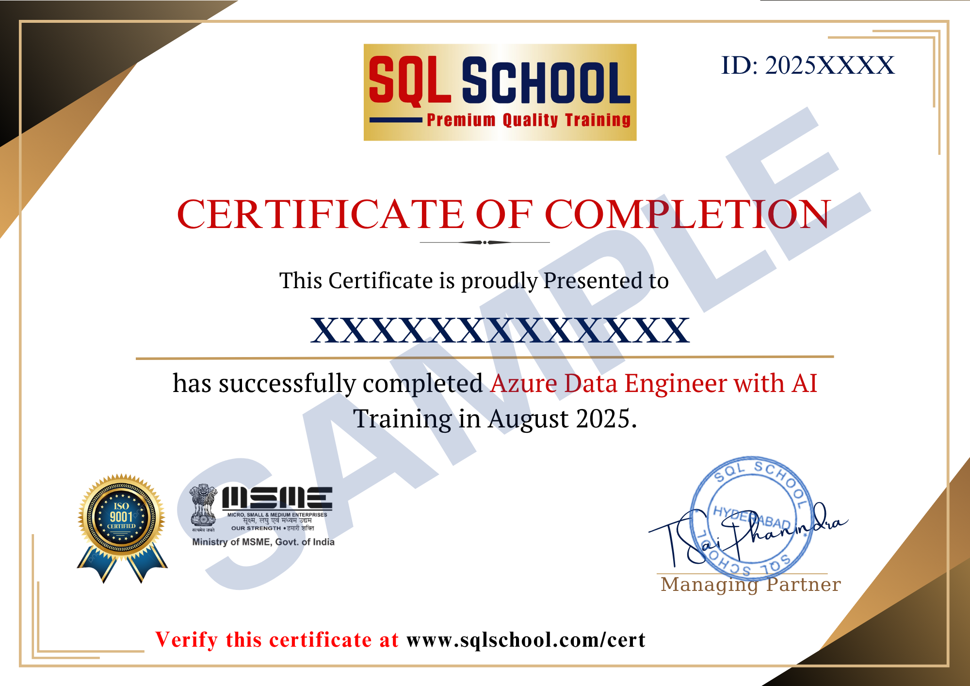 SQL School Sample Certificate