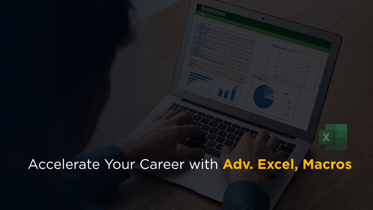 A professional working on a laptop displaying Excel dashboards and charts, promoting Advanced Excel and Macros career training.