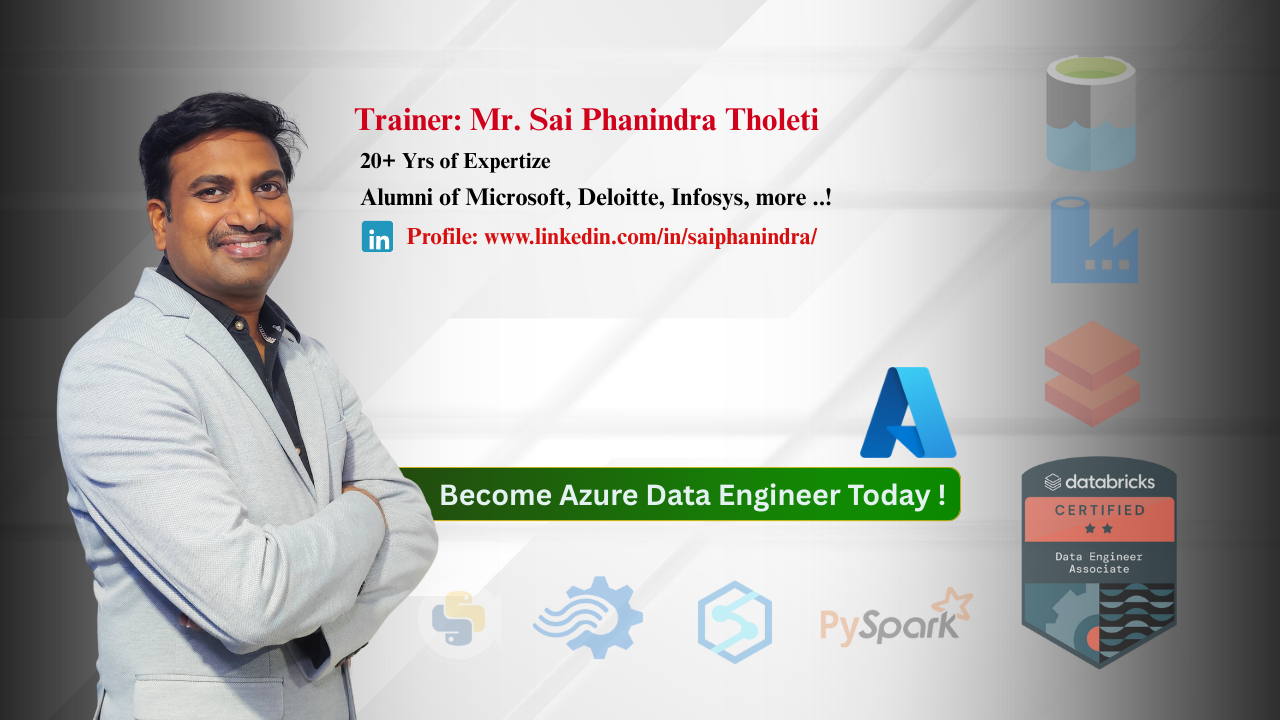 Mr. Sai Phanindra Tholeti, Microsoft Certified Trainer with 20+ years of expertise, promoting Azure Data Engineer training at SQL School