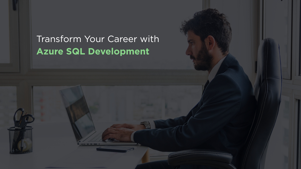 Professional working on a laptop symbolizing career transformation through Azure SQL Development training