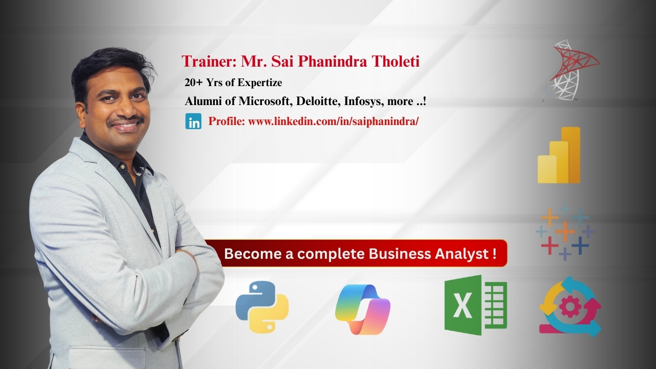 Mr. Sai Phanindra Tholeti – Trainer Profile showcasing expertise in Business Analysis, Python, Power BI, and Excel with 20+ years of experience.
