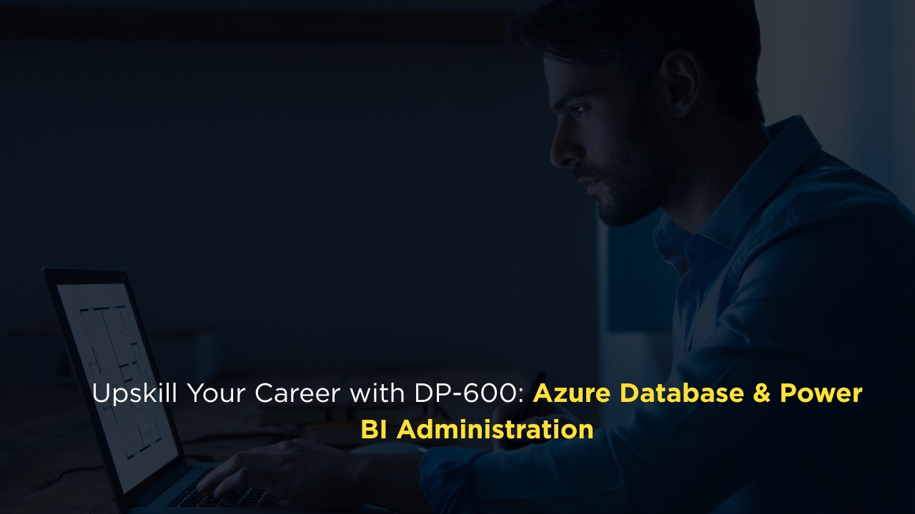 Professional working on a laptop in a focused environment with the caption “Excel Your Career with DP-600: Azure Database & BI Administration.”