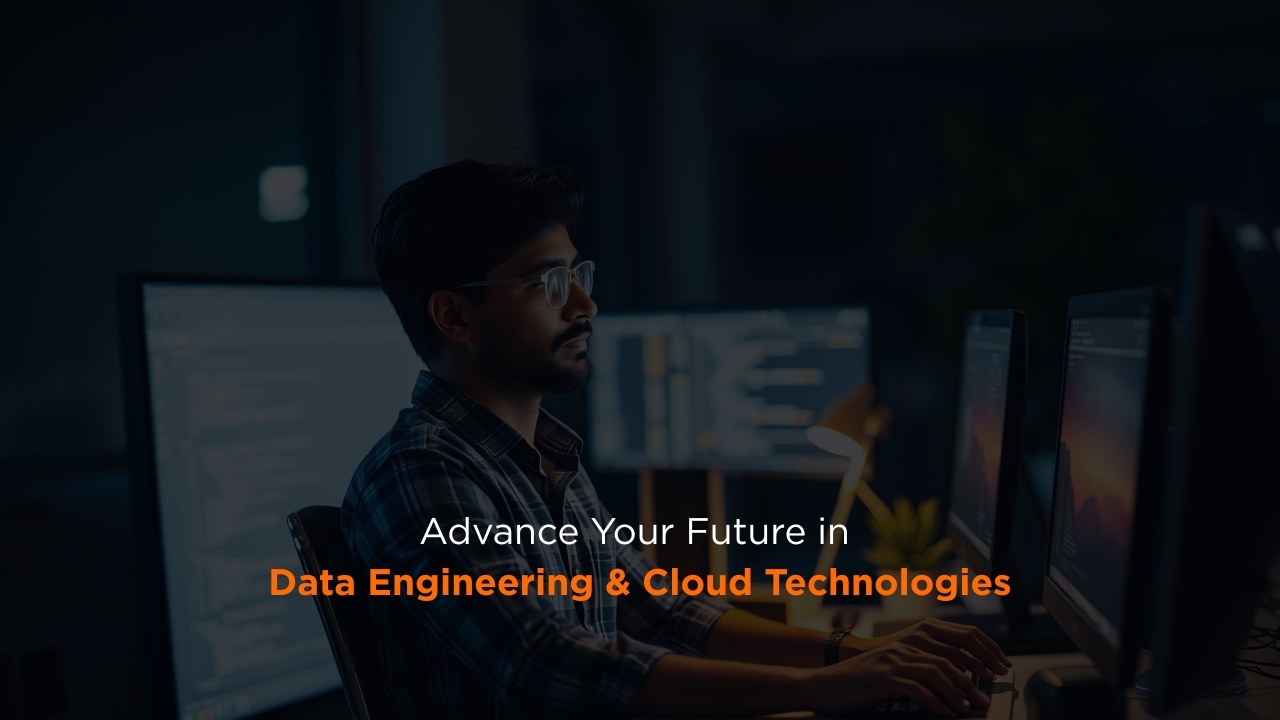 Young data professional working on a computer with multiple screens, symbolizing Data Engineering and Cloud Technologies career growth.