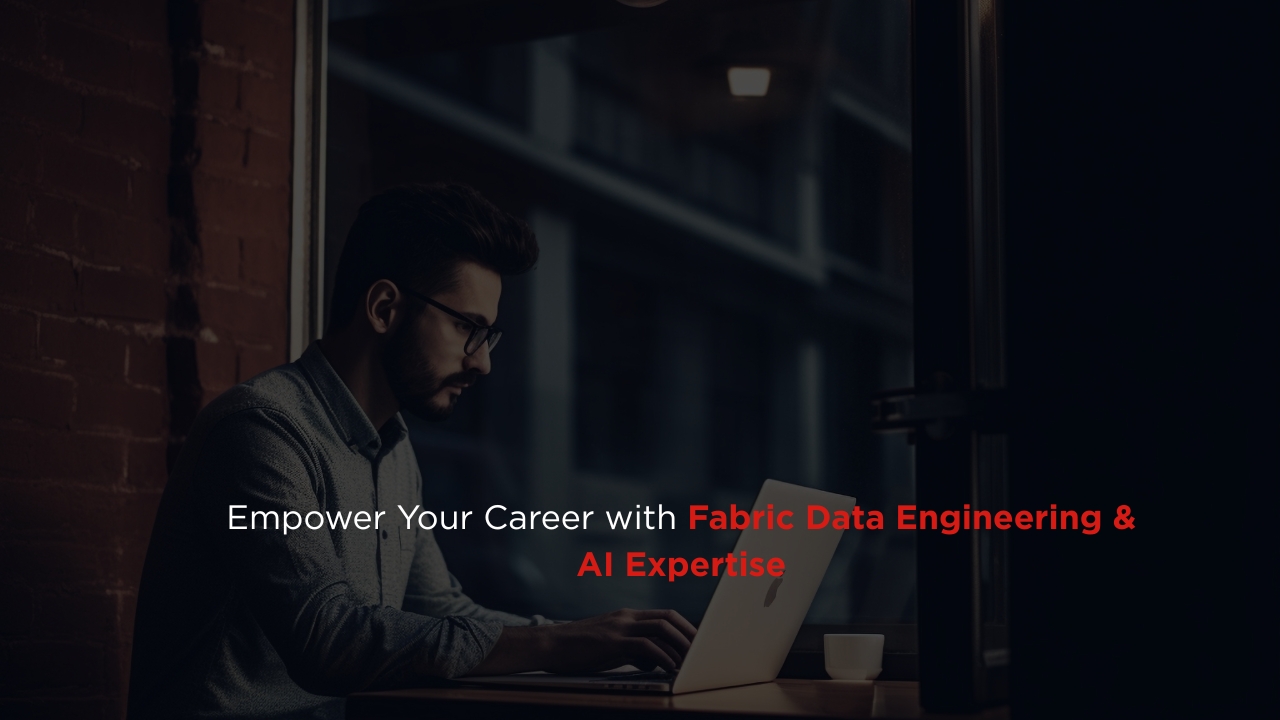 Professional working on a laptop in a modern workspace with the text “Empower Your Career with Fabric Data Engineer AI Expertise.”