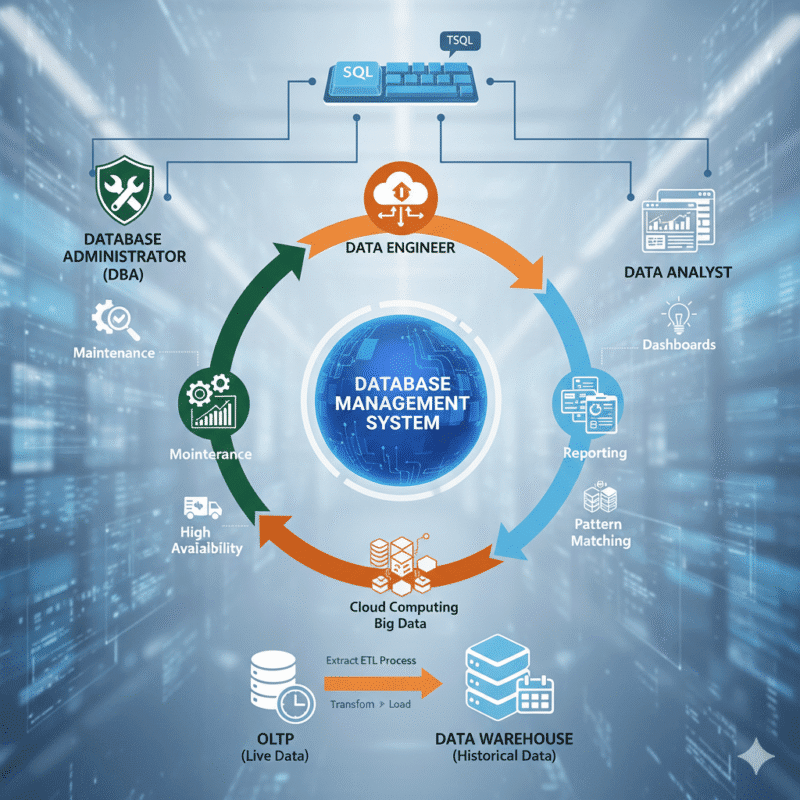 A comprehensive infographic illustrating the database ecosystem, showing the central Database Management System (DBMS) surrounded by three key job roles: Database Administrator (DBA), Data Engineer, and Data Analyst. It details their functions, the flow between OLTP (Live Data) and Data Warehouse (Historical Data) via ETL, and the role of SQL/TSQL in interacting with the system