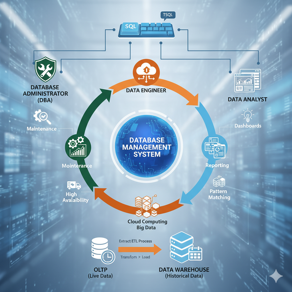 A comprehensive infographic illustrating the database ecosystem, showing the central Database Management System (DBMS) surrounded by three key job roles: Database Administrator (DBA), Data Engineer, and Data Analyst. It details their functions, the flow between OLTP (Live Data) and Data Warehouse (Historical Data) via ETL, and the role of SQL/TSQL in interacting with the system