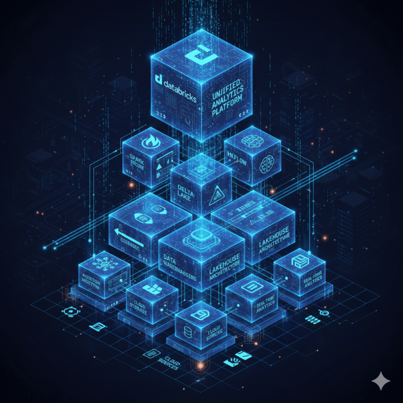 3D futuristic visualization of Databricks Unified Analytics Platform architecture showing components like Spark, Delta Lake, Lakehouse, MLflow, and Cloud Storage integrated for data engineering and AI analytics.