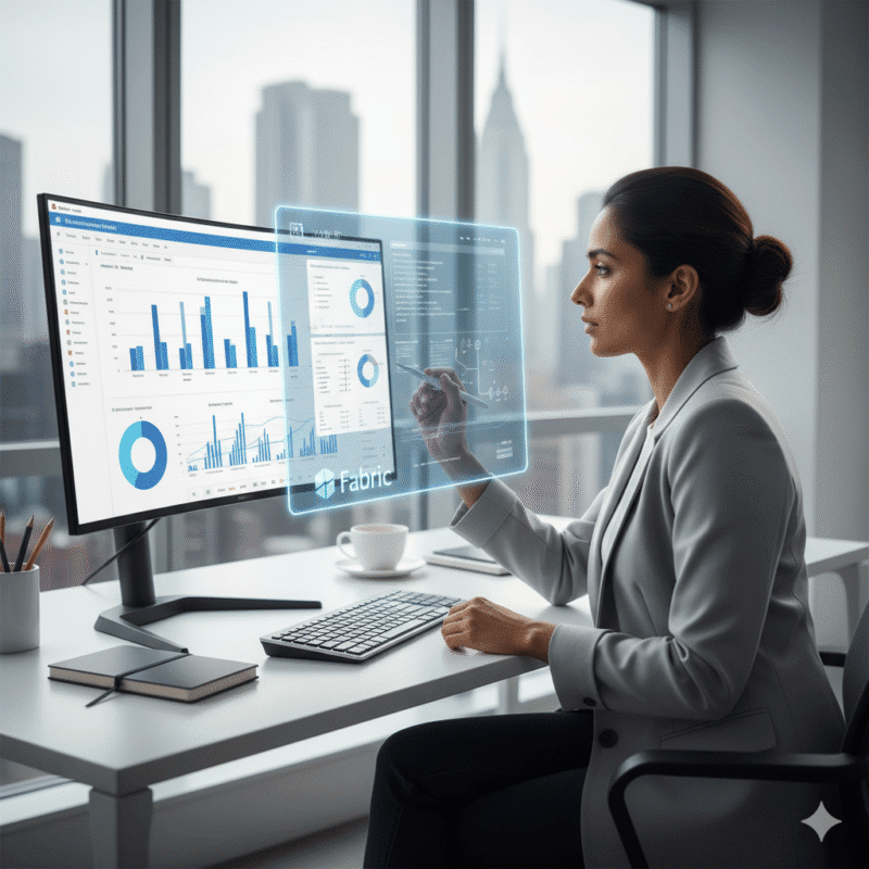 Professional woman analyzing data dashboards and charts using Microsoft Fabric analytics tools in a modern office setting.