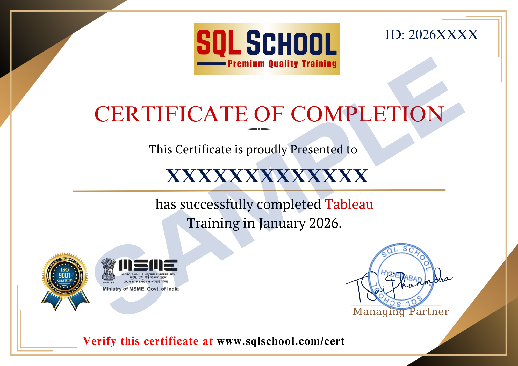SQL School Tableau training certificate of completion issued in January 2026 with unique verification ID