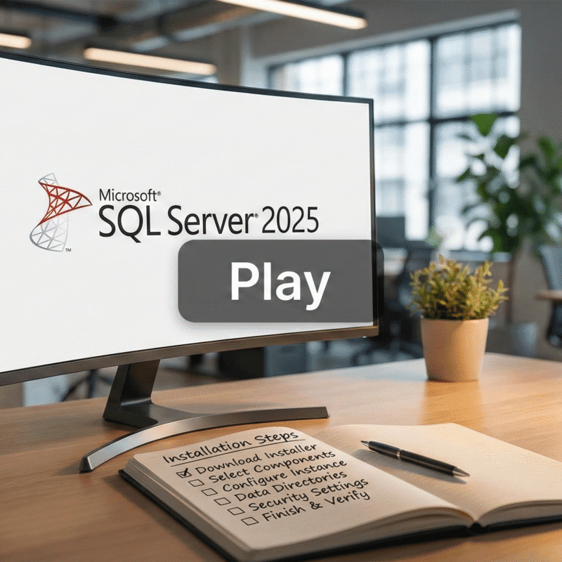 SQL Server 2025 installation and setup tutorial on desktop workspace