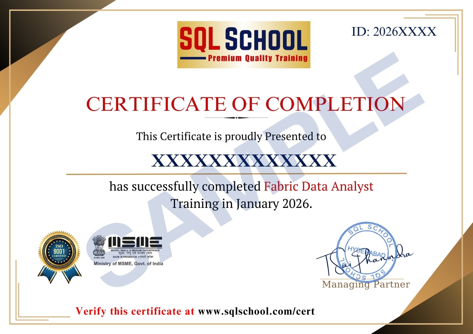 SQL School Fabric Data Analyst training certificate of completion issued in January 2026 with verification ID
