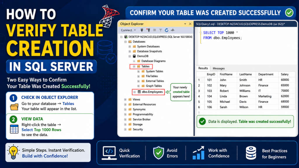 how to verify table creation in SQL Server